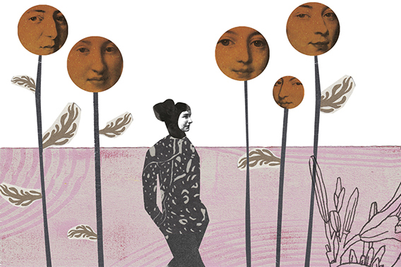 Illustration zeigt eine Frau, die an Pflanzen vorbeischlendert, die ihr Gesicht zeigen