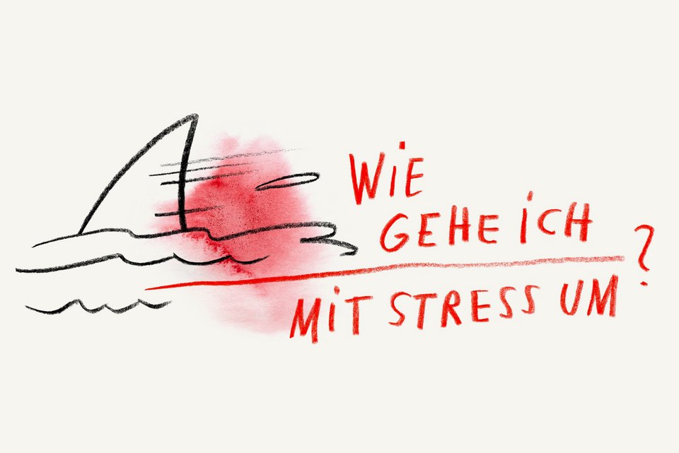 Die Illustration zeigt eine Haiflosse und den Schriftzug "Wie gehe ich mit Stress um?"