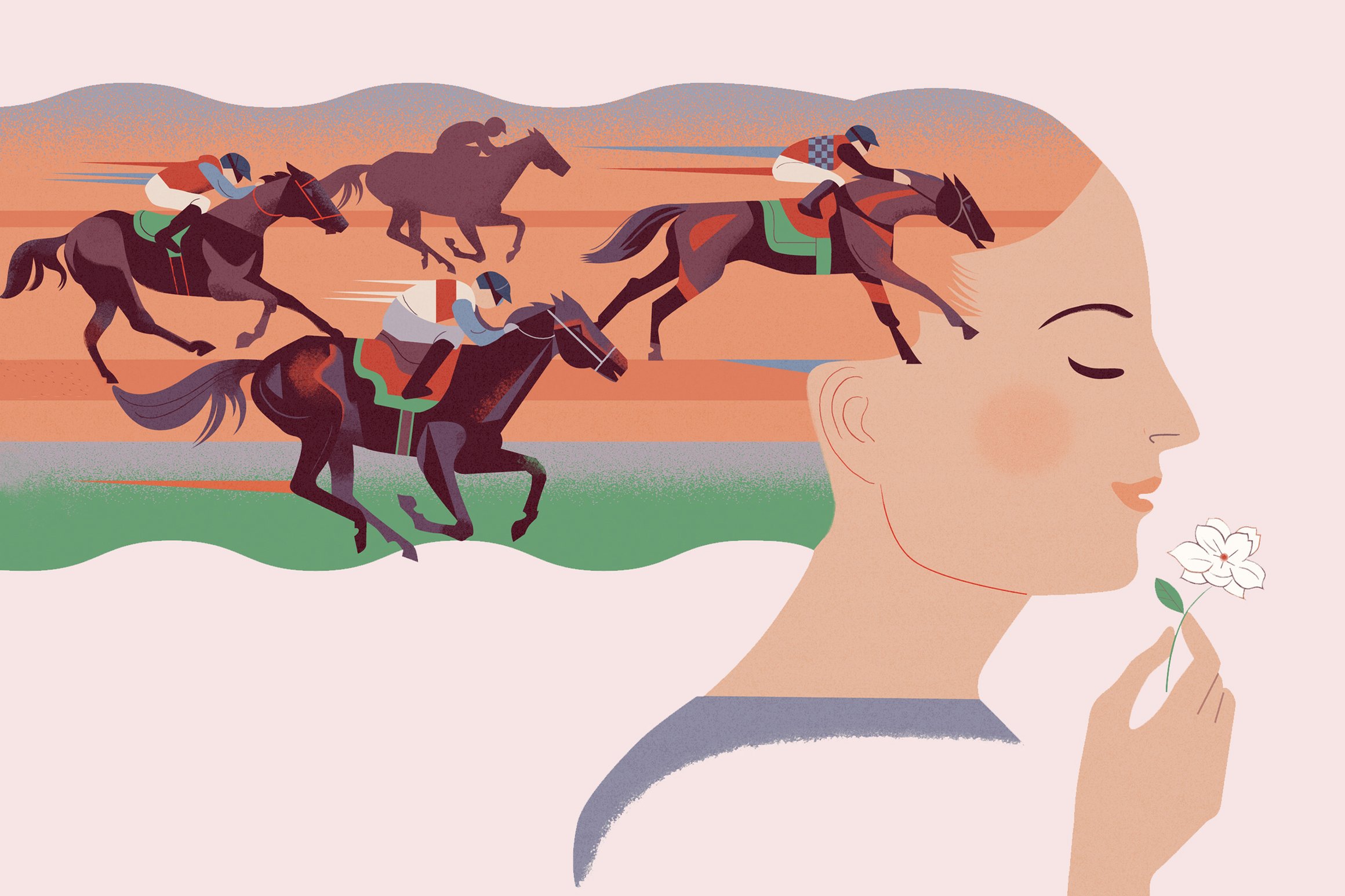 Die Illustration zeigt eine Frau mit langen Haaren, die im Wind wehen und ein Pferderennen einrahmen.
