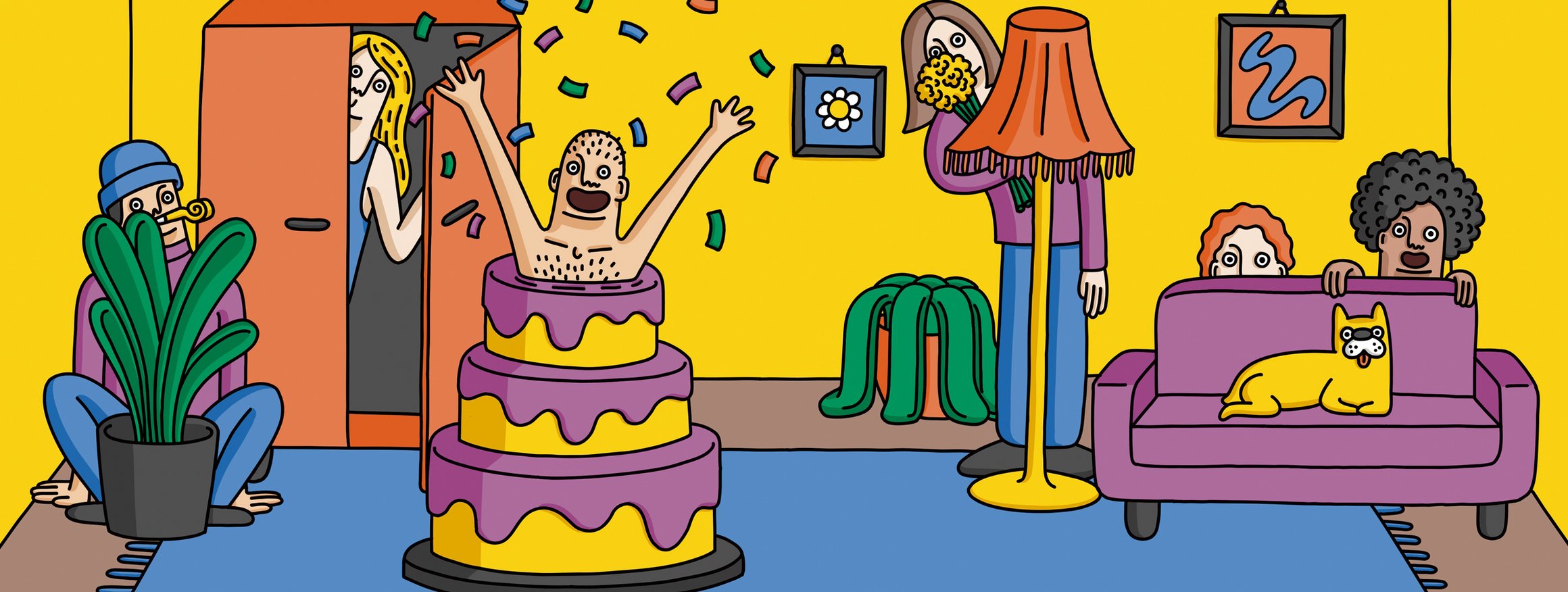 Die Illustration zeigt Personen, die jemanden überraschen möchten, zum Beispiel ein Mann, der fröhlich aus einer Torte springt