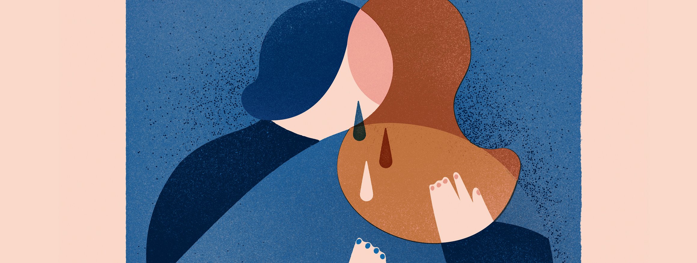 Die Illustration zeigt zwei Personen, die sich weinend und in Trauer umarmen