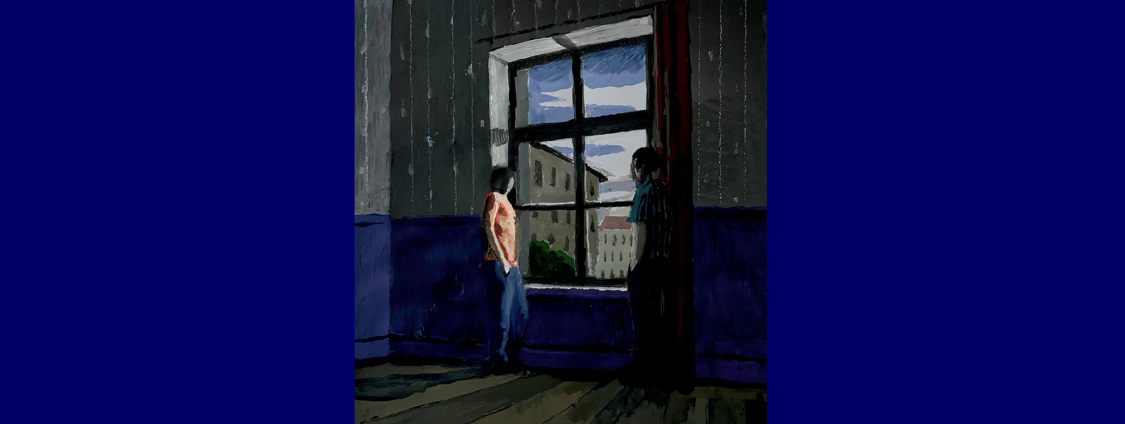 Die Illustration zeigt zwei Personen an einem großen Fenster, die auf Häuser und Wolken schauen