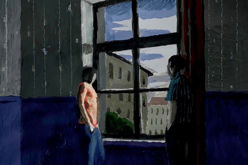 Die Illustration zeigt zwei Personen an einem großen Fenster, die auf Häuser und Wolken schauen.