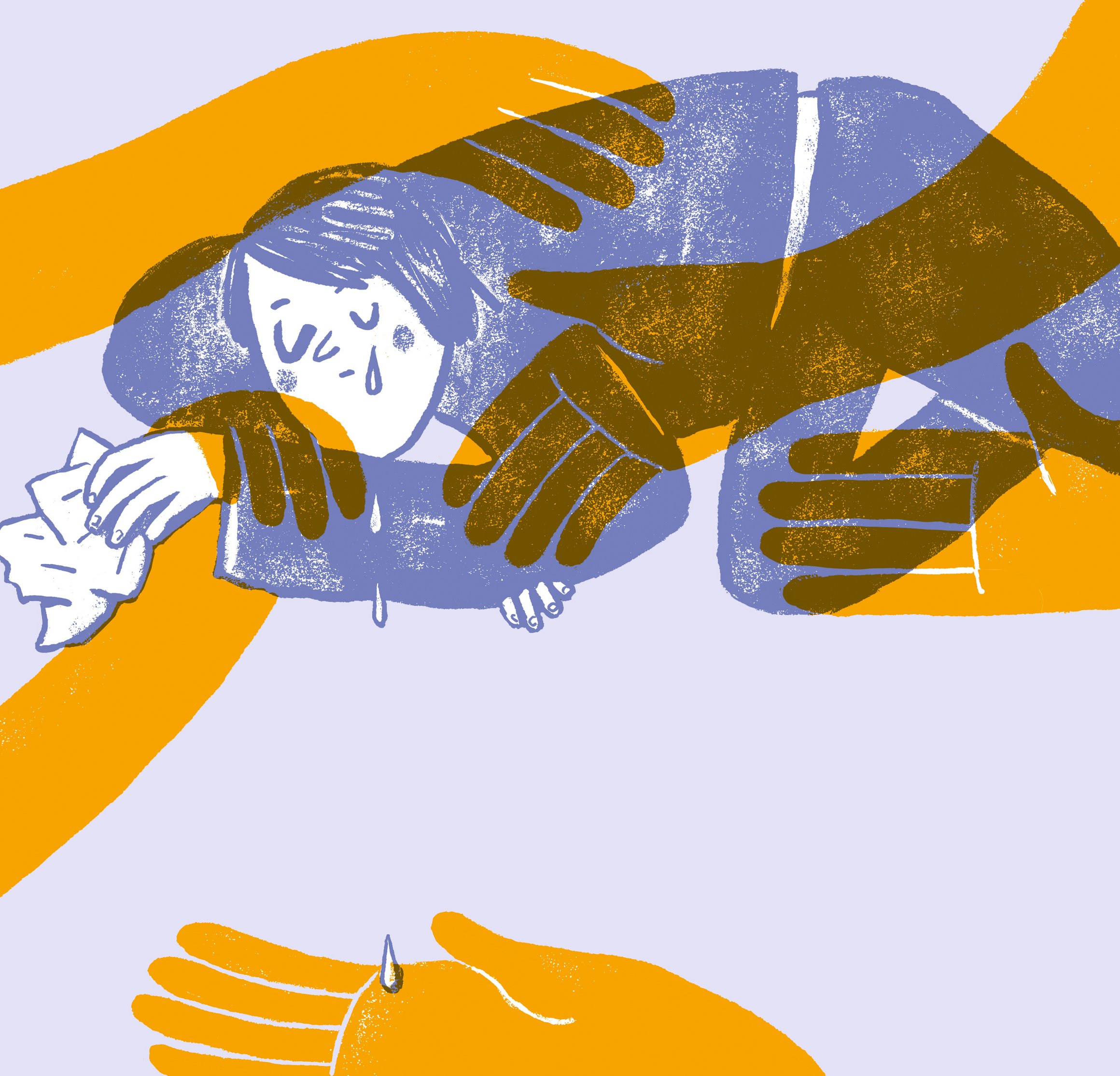 Die Illustration zeigt eine weinende Person, die auf dem Boden liegt und von verschiedenen Händen berührt wird.