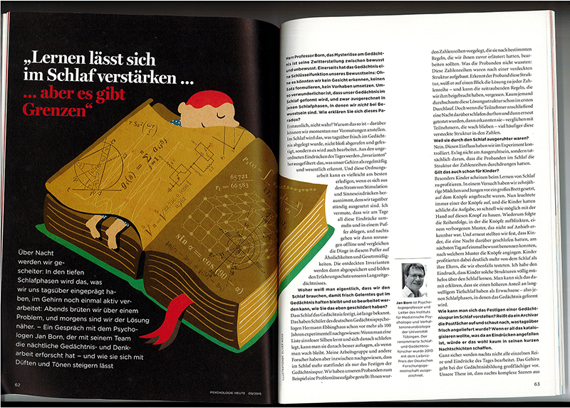 Artikel des Magazins Psychologie Heute 09/2015 über das Thema Lernen im Schlaf