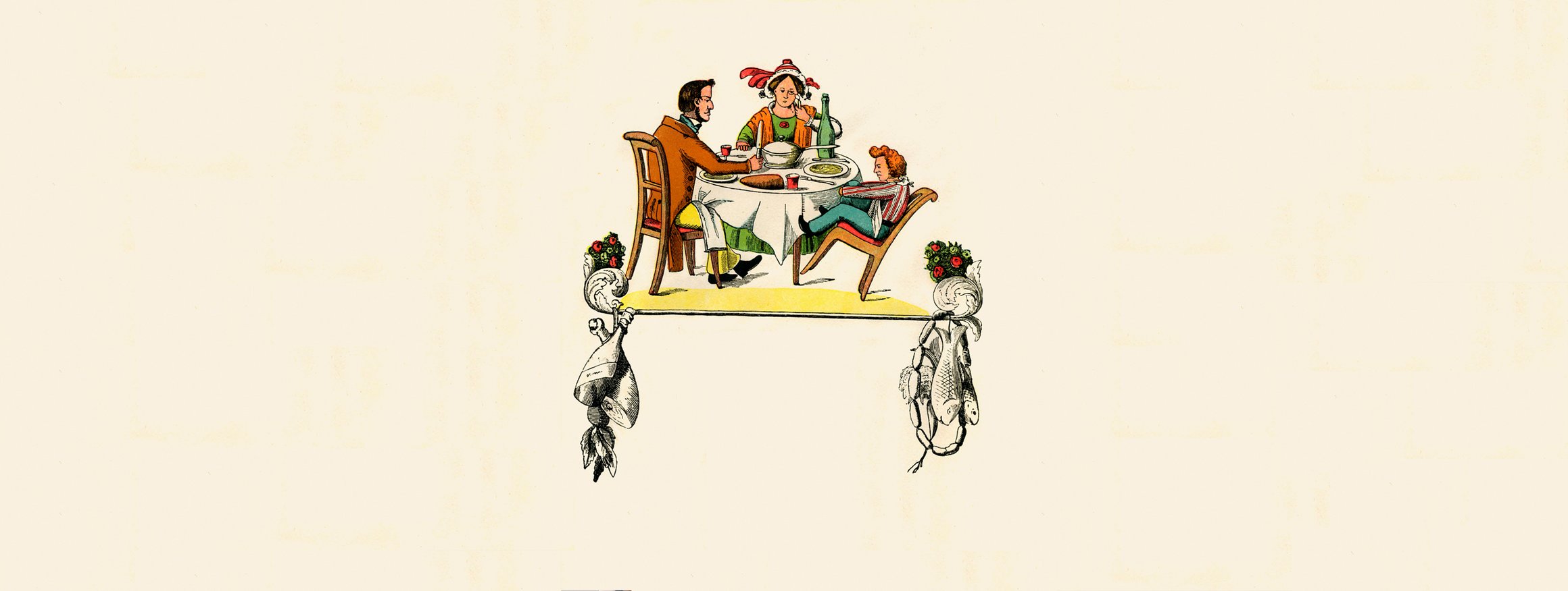 Die Illustration ist aus dem Kinderbuch "Struwwelpeter" und zeigt den Protagonisten, wie er mit dem Stuhl kippelnd am Esstisch mit seinen Eltern sitzt.