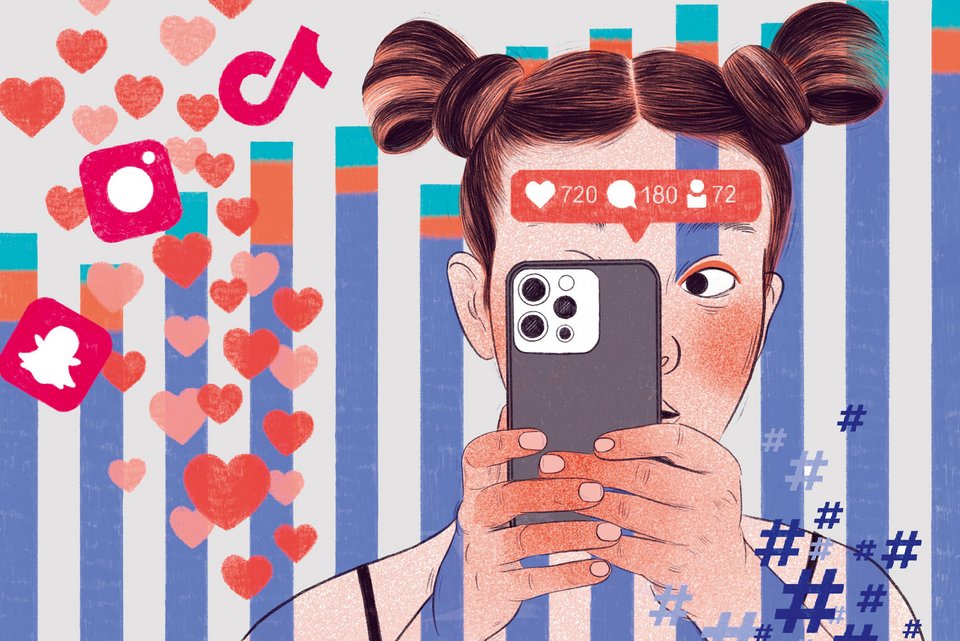 Die Illustration zeigt ein junges Mädchen mit Zöpfen, die ein Smartphone in den Händen hält und darauf starrt, daneben sind Social-Media-Symbole und kleine rote Herzchen