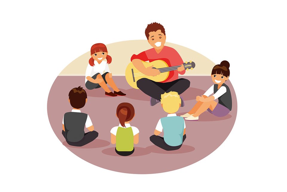 Die Illustration zeigt einen Singkreis mit Kindern, dabei ist ein Betreuer mit einer Gitarre, der mitsingt