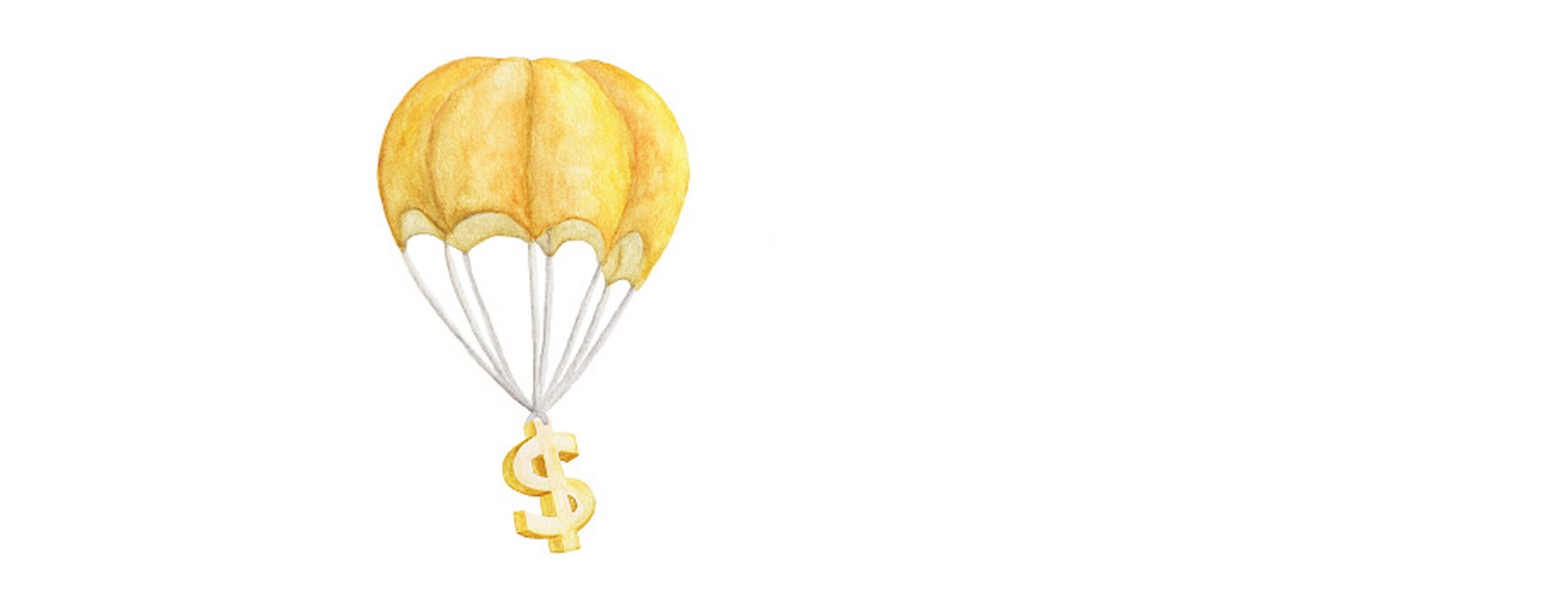 Die Illustration zeigt einen schwebenden gelben Heißluftballon an dem ein Dollar-Symbol hängt