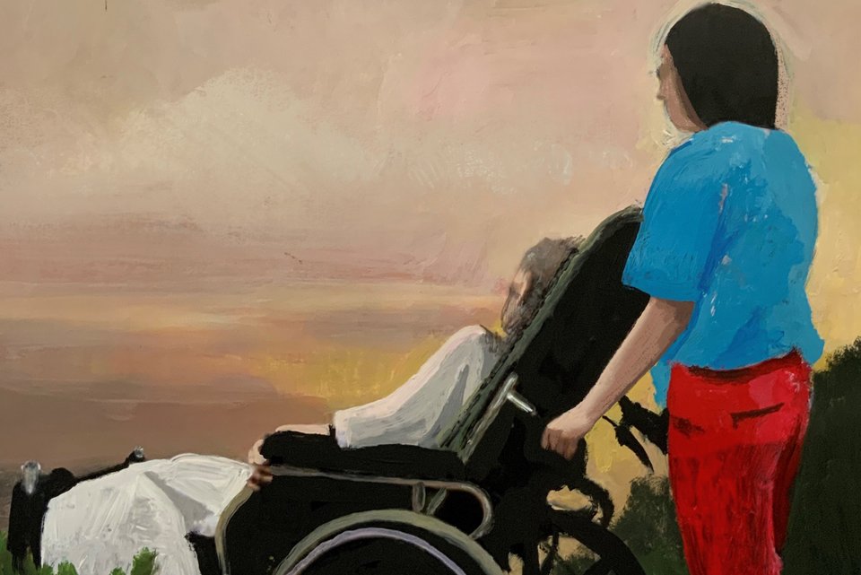 Die Illustration zeigt eine Frau, die eine Person im Rollstuhl schiebt und dabei den Sonnenuntergang betrachten
