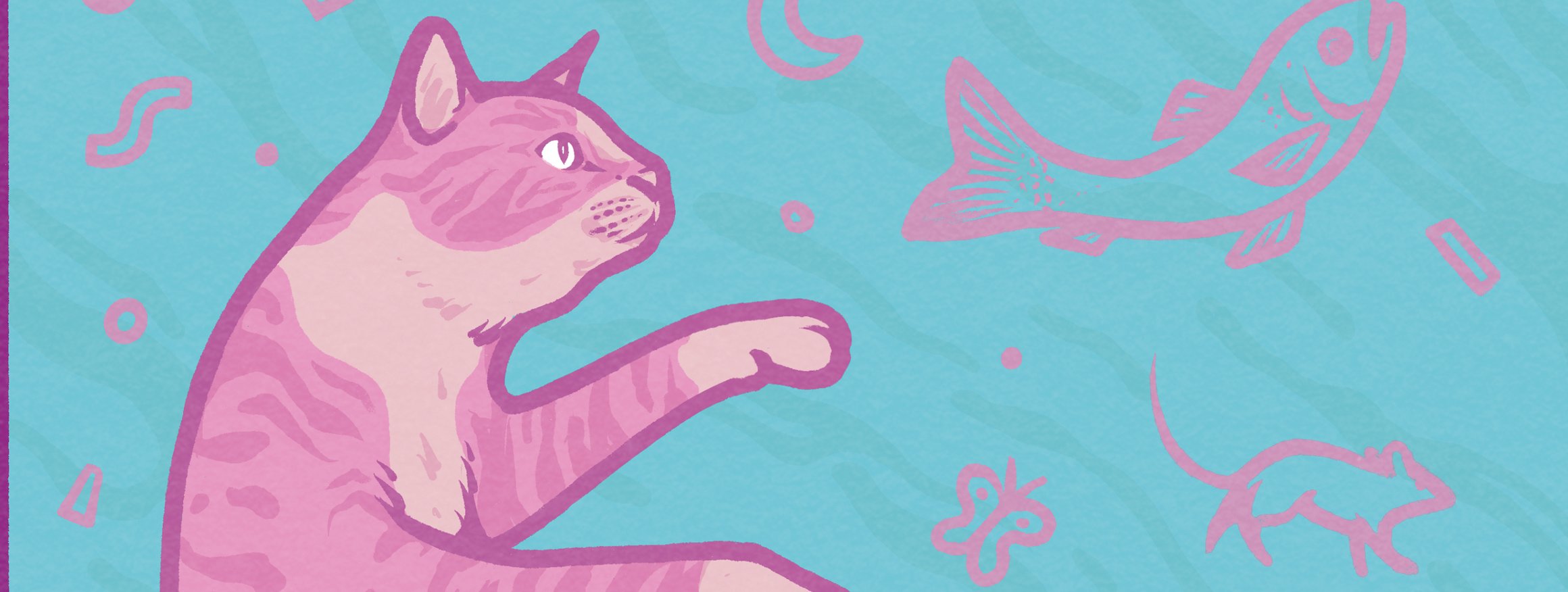 Die Illustration zeigt eine rosa Katze, um die im Traum umringt ist von einer Maus, einem Fisch, einem Schmetterling, einer Hähnchenkeule und anderem