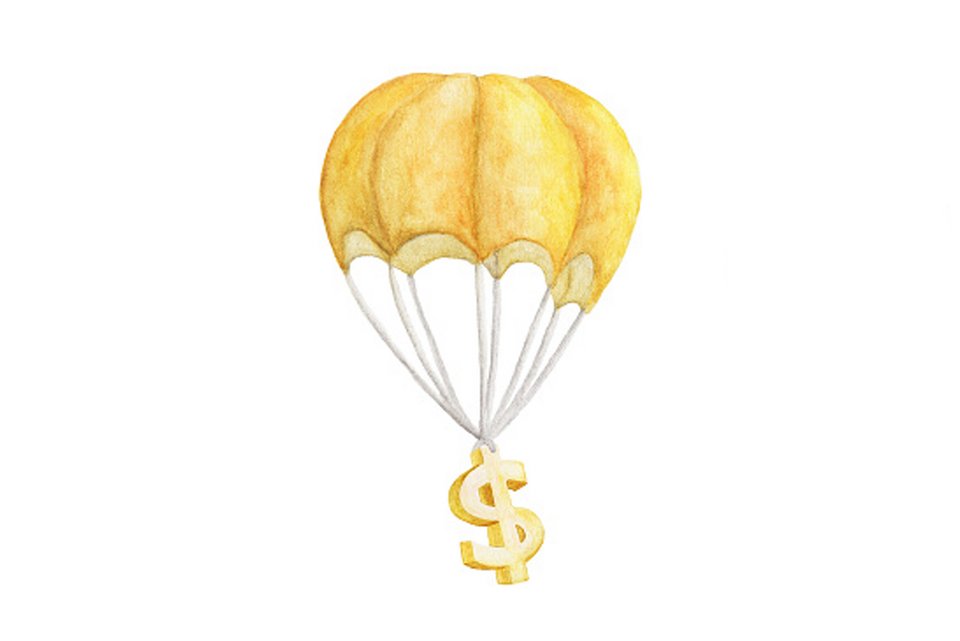 Die Illustration zeigt einen schwebenden gelben Heißluftballon an dem ein Dollar-Symbol hängt