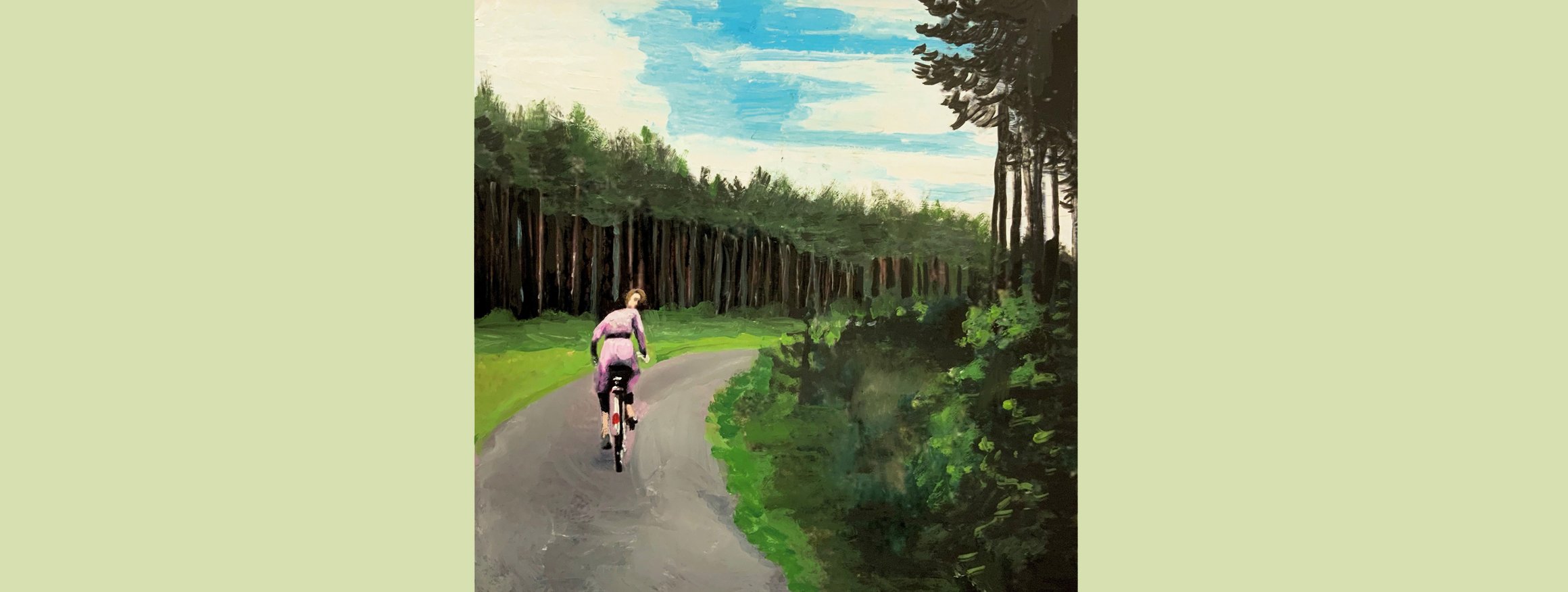 Die Illustration zeigt eine Frau auf einem Fahrrad, die auf einer Straße durch den Wald fährt und nach hinten dreht