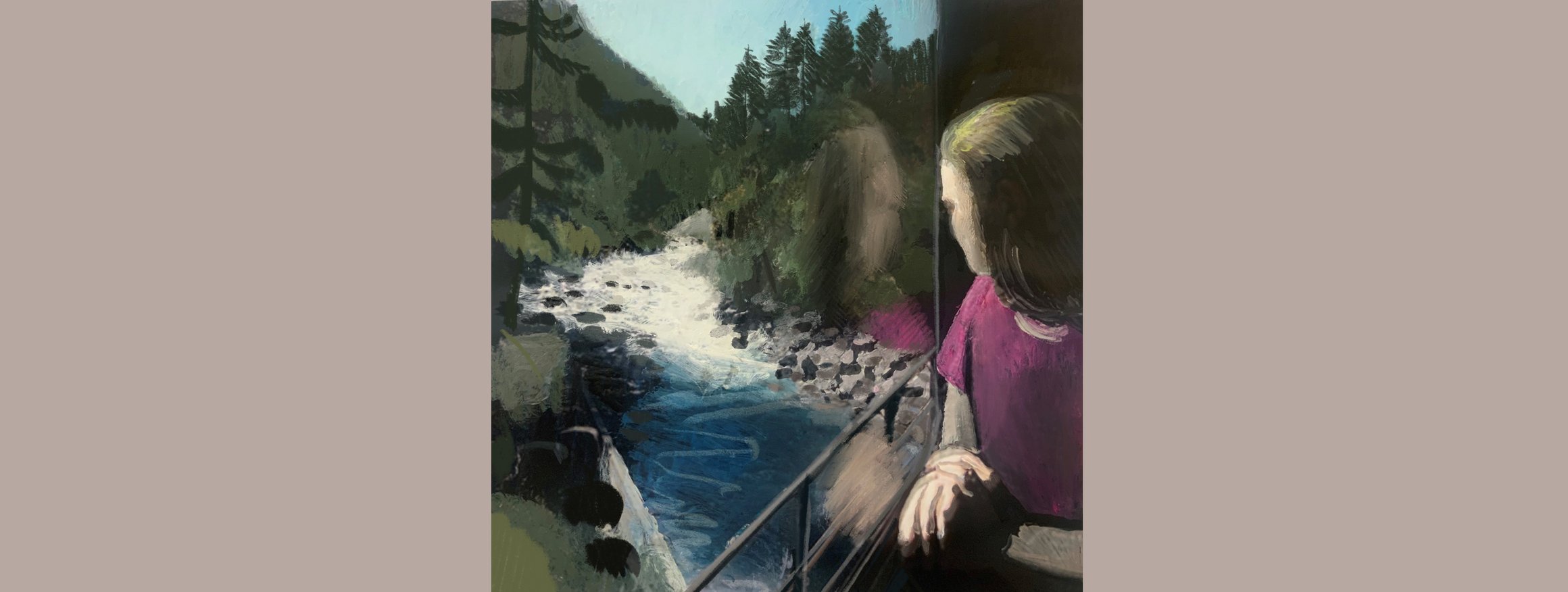 Die Illustration zeigt eine Frau, die auf einen Bach mit Felsen in einem Wald im Mittelgebirge schaut