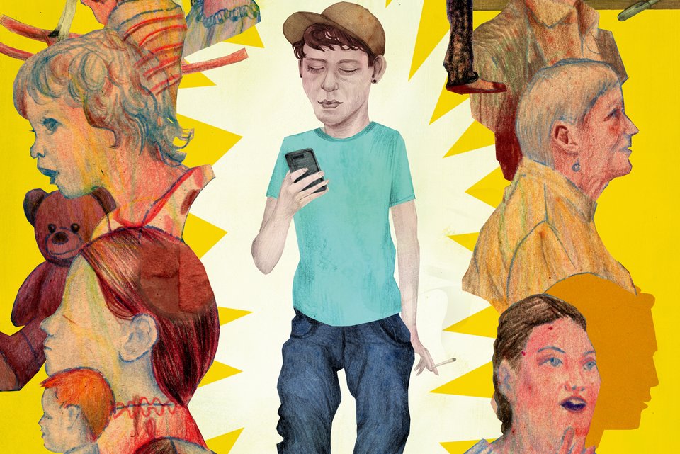 Die Illustration zeigt einen jungen Mann mit einer Basecap, der traurig auf sein Smartphone schaut und mit der anderne Hand eine Zigarette hält, daneben sind Personen und Stationen seines bisherigen Lebens