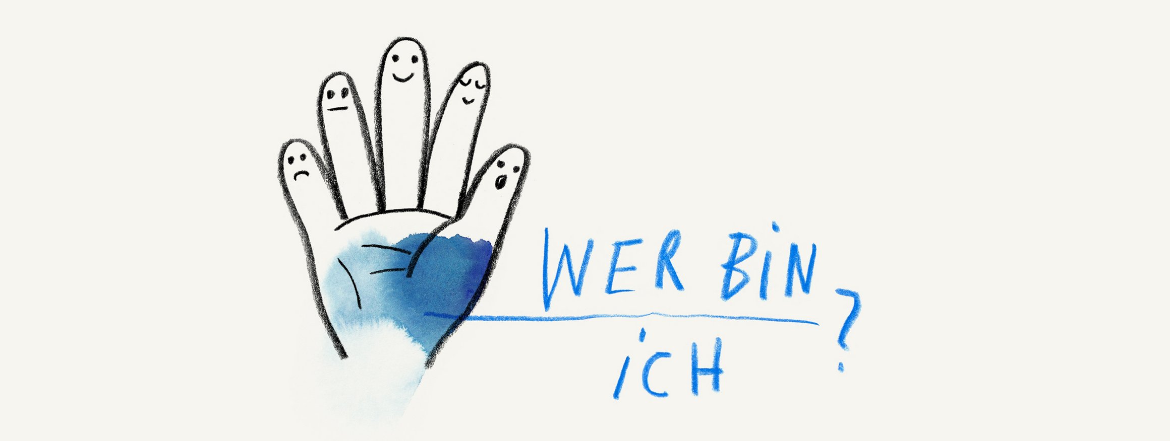 Die Illustration zeigt eine Hand. Jeder Finger hat einen anderen Gesichtsausdruck. Daneben steht "Wer bin ich?"