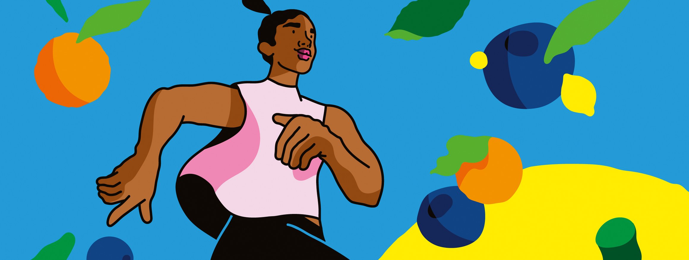 Die Illustration zeigt eine Frau in Sportkleidung, die läuft, um sie herum fliegen Heidelbeeren, eine Erdbeere und Zitrusfrüchte