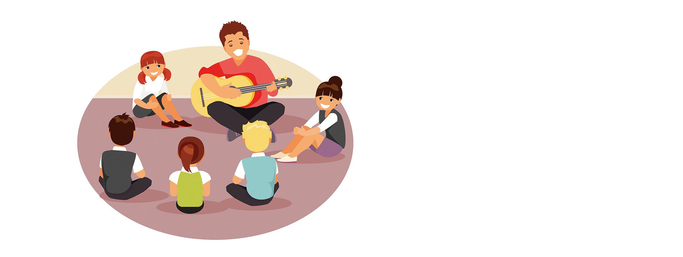 Die Illustration zeigt einen Singkreis mit Kindern, dabei ist ein Betreuer mit einer Gitarre, der mitsingt