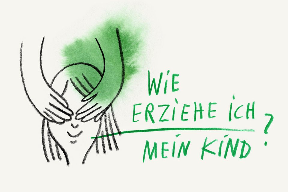 Die Illustration zeigt ein Kind, das die Augen zugehalten bekommt. Daneben steht "Wie erziehe ich mein Kind?"