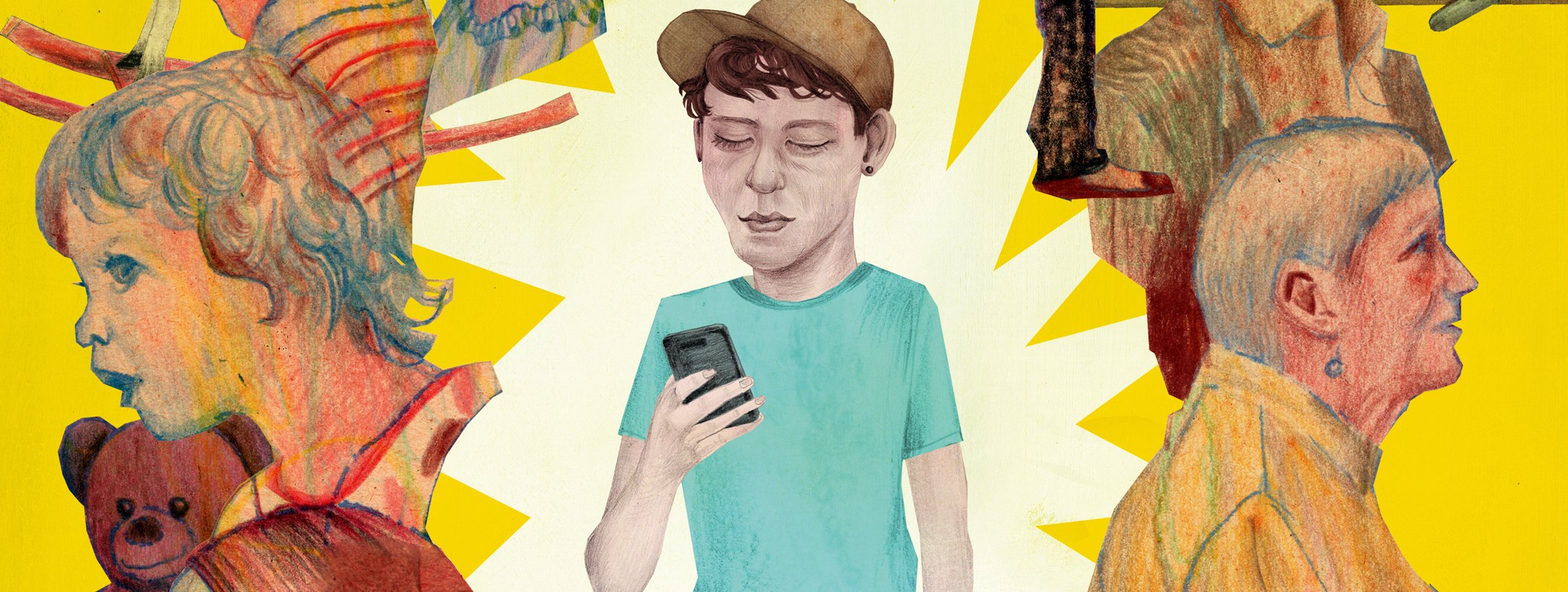 Die Illustration zeigt einen jungen Mann mit einer Basecap, der traurig auf sein Smartphone schaut und mit der anderne Hand eine Zigarette hält, daneben sind Personen und Stationen seines bisherigen Lebens