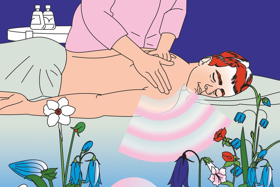 Die Illustration zeigt einen Mann auf der Massagebank, der gerade massiert wird, daneben sind bunte Blumen