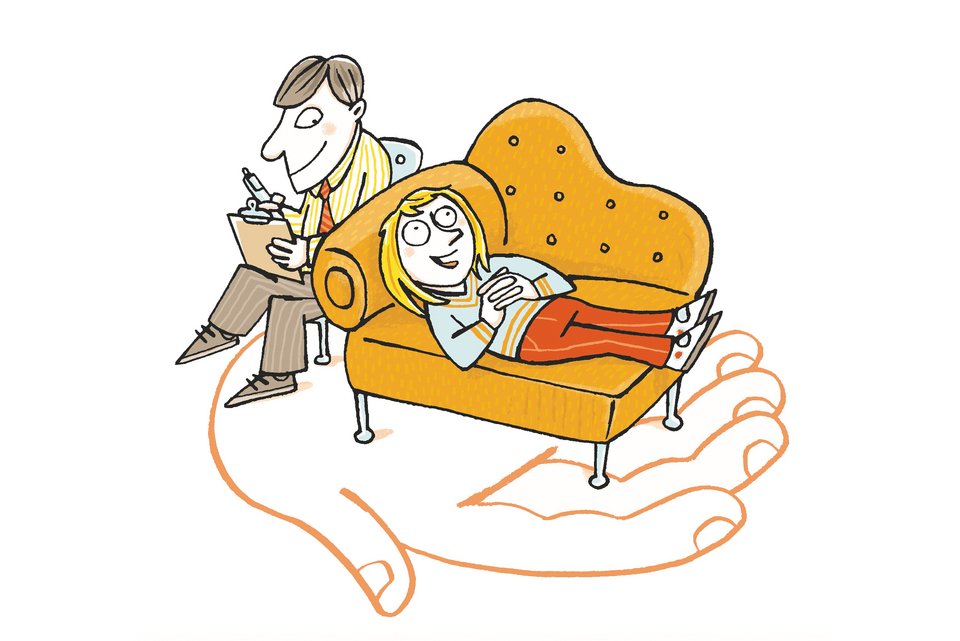 Die Illustration zeigt eine Frau auf einer Couch, daneben sitzt ihr Therapeut und schreibt, darunter ist eine große Hand, die die Szene trägt