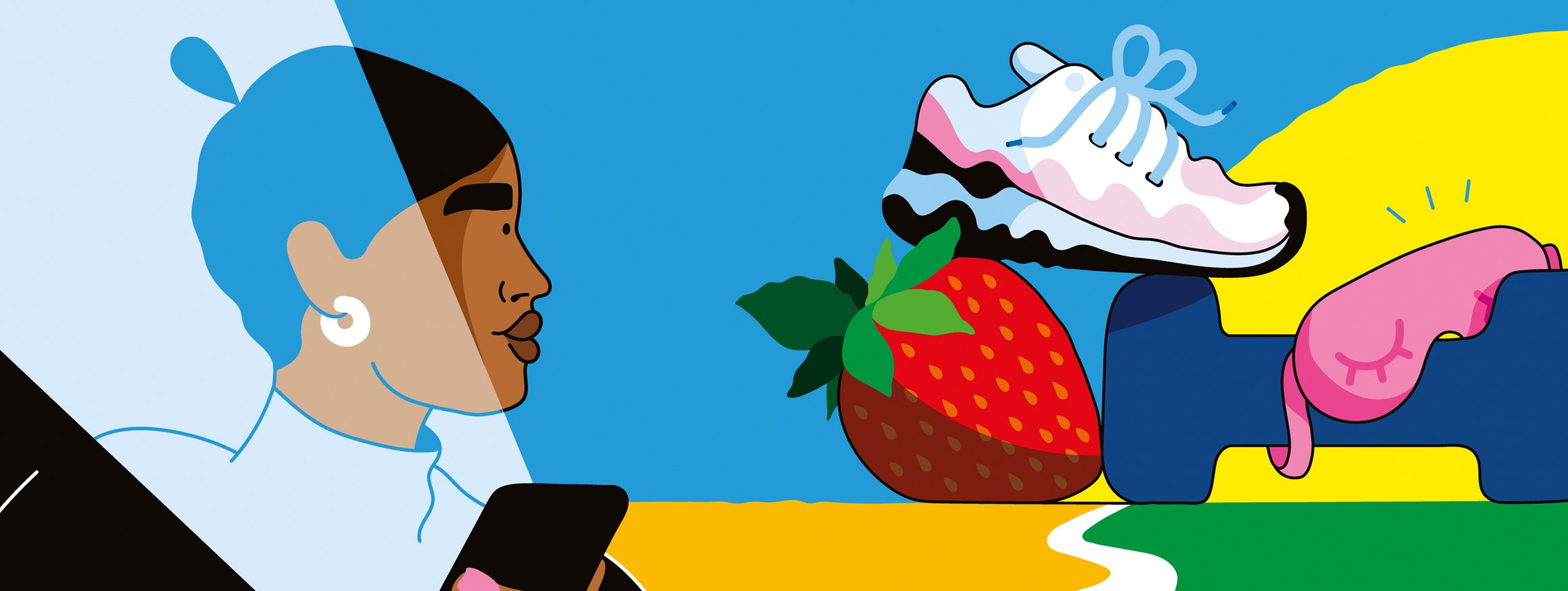 Die Illustration zeigt eine Frau mit einem Smartphone in der Hand, dahinter eine Straße in der am Horizont eine Erdbeere, ein Sneaker und eine Fitness-Hantel zu sehen ist