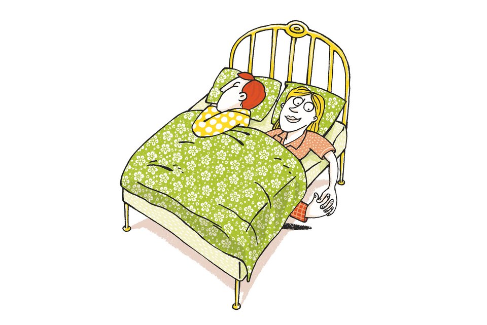 Die Illustration zeigt ein Paar im Bett, und während er schläft, hält sie die Hand einer Person, die unter dem Bett herausschaut