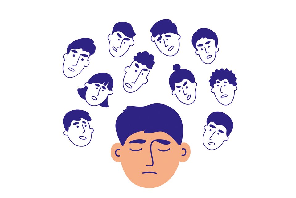 Die Illustration zeigt einen großen Kopf eines Jungen, der traurig die Augen schließt und um ihm herum sind mehrere kleinere Köpfe, die böse auf ihn einreden