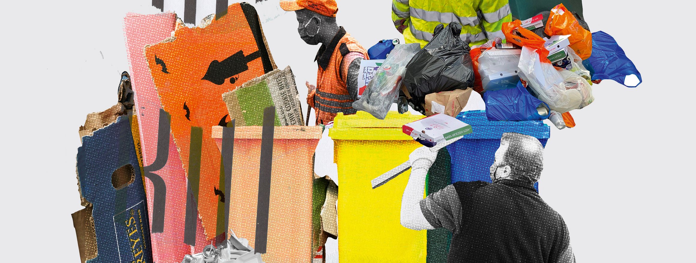 Die Illustration zeigt Angestellte eines Wertstoffhofes mit vollen Mülltonnen