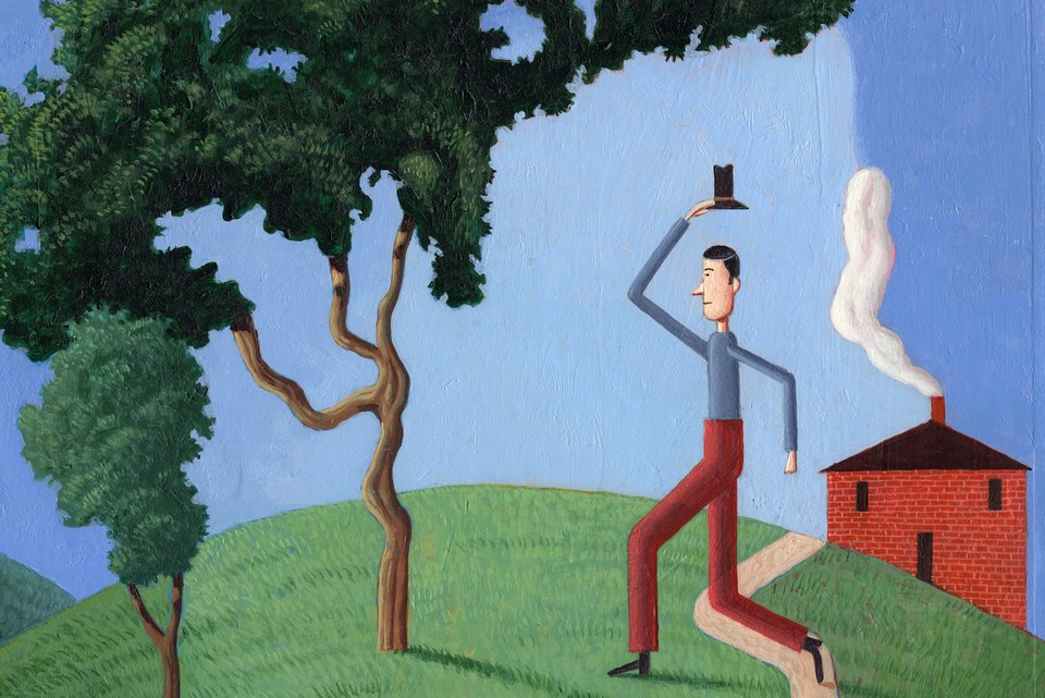 Die Illustration zeigt einen Mann, der den Hut hebt und auf Bäume zuläuft, dahinter steht ein Haus mit rauchendem Kamin