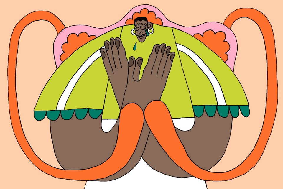 Die Illustration zeigt eine Frau, die von Eierstöcken umgeben ist