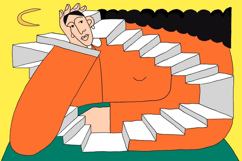 Die Illustration zeigt eine Frau, die mit einer Penrose-Treppe verkeilt ist