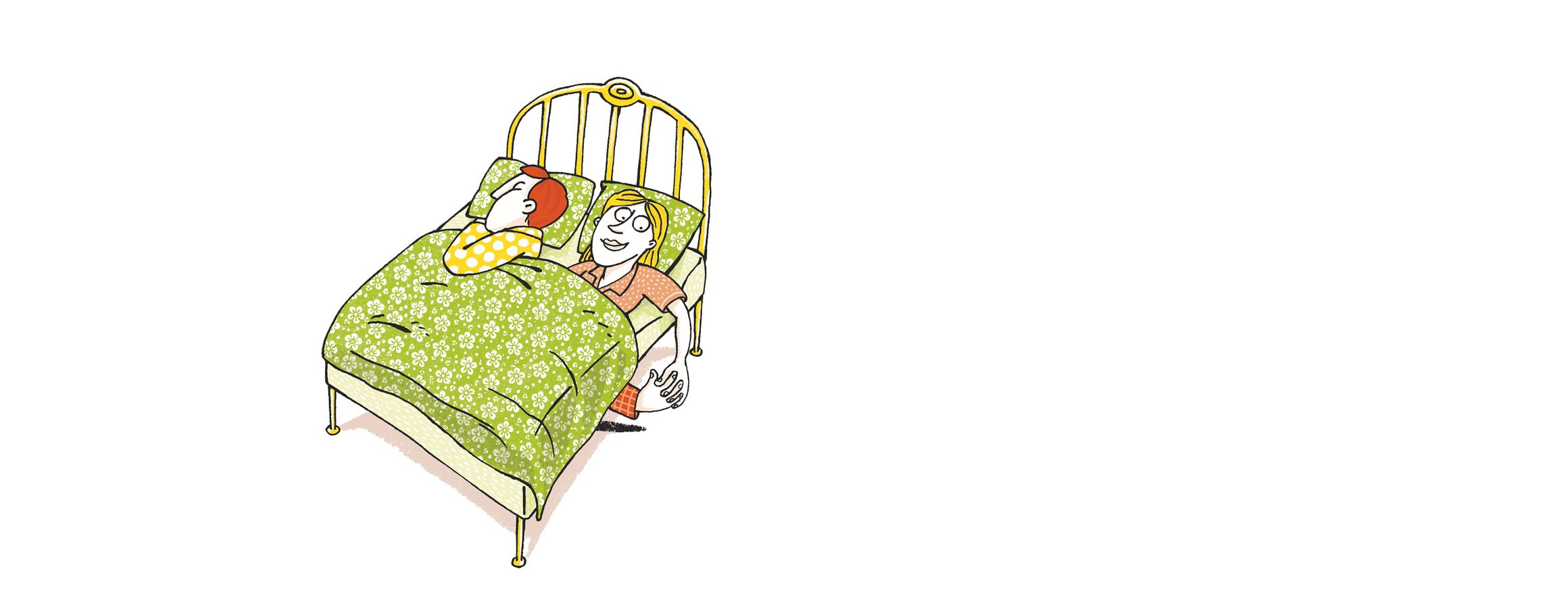 Die Illustration zeigt ein Paar im Bett, und während er schläft, hält sie die Hand einer Person, die unter dem Bett herausschaut