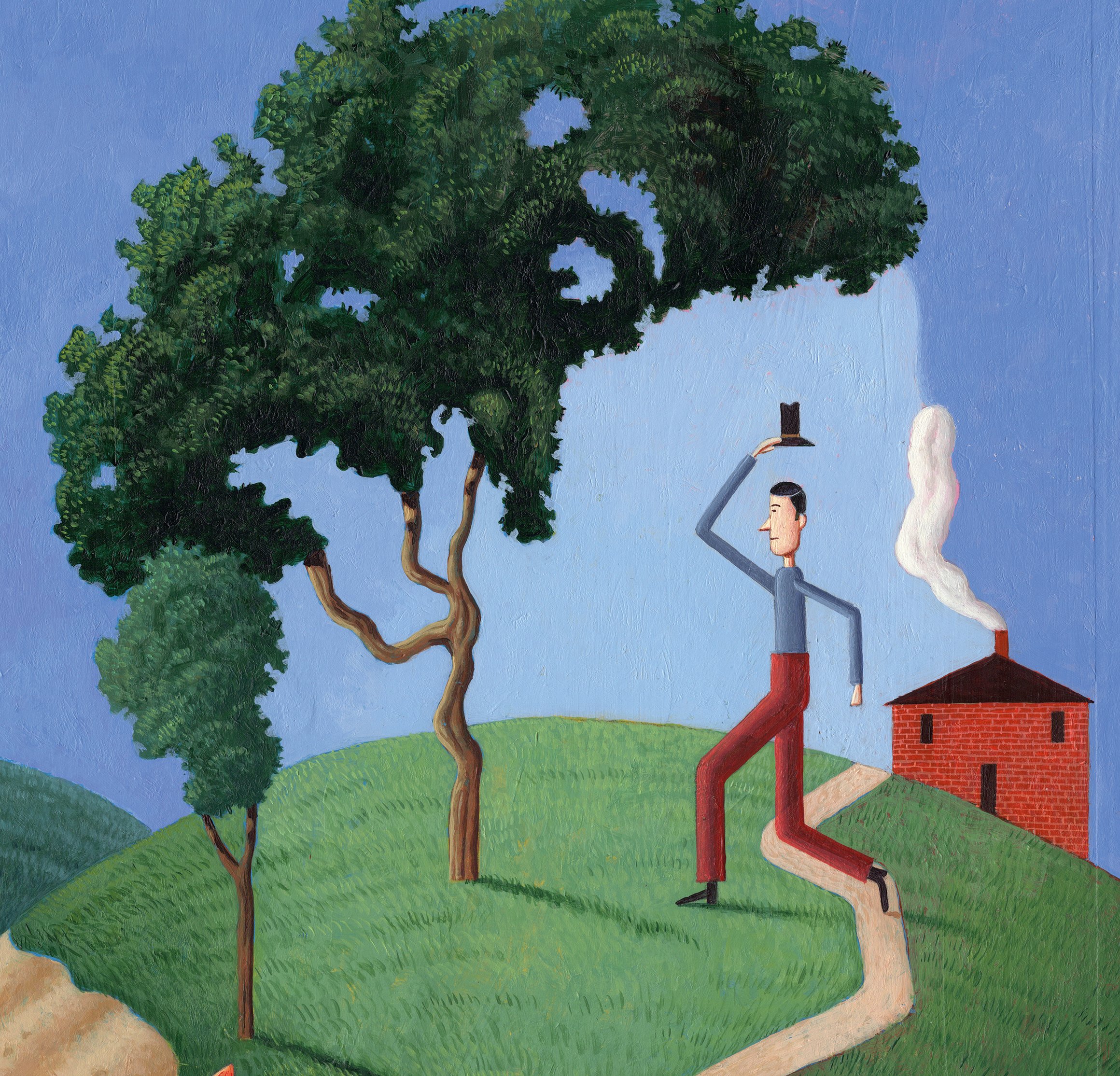 Die Illustration zeigt einen Mann, der auf einem Weg mit Baum an einem Haus vorbei läuft. Durch die Anordnung der Elemente lässt sich auch ein großes Gesicht erkennen.
