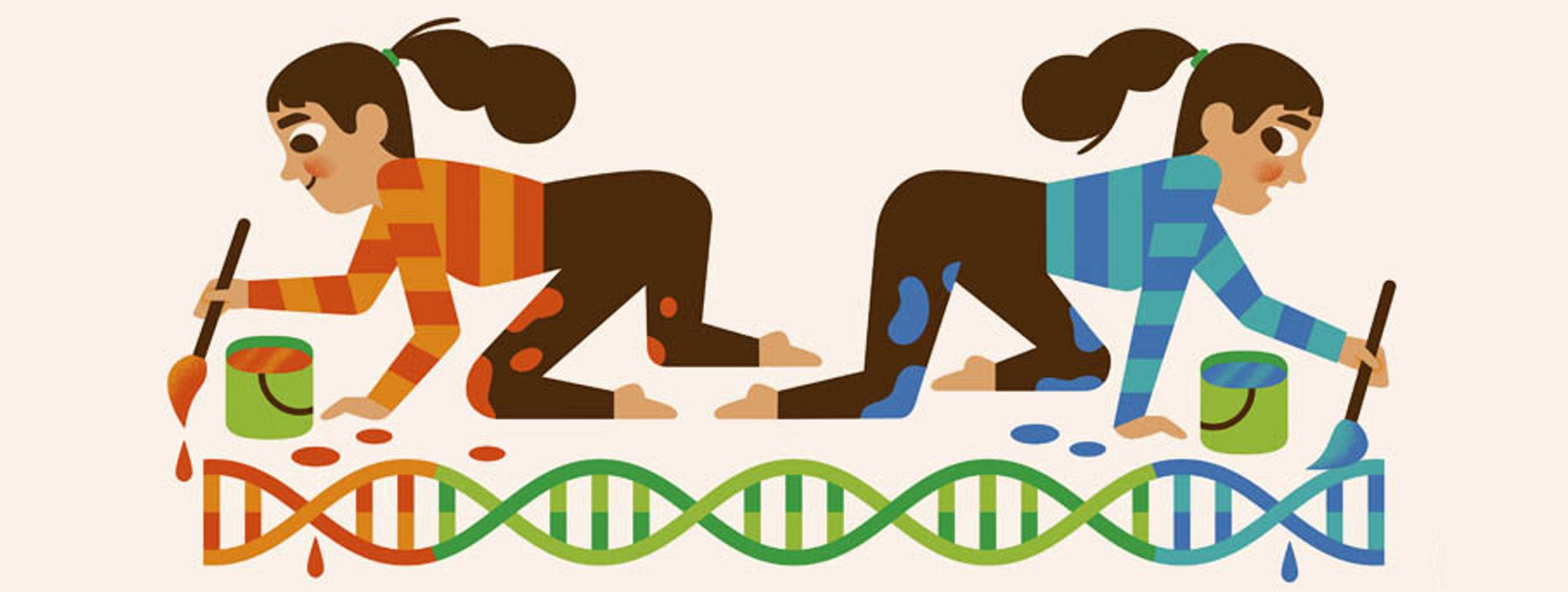 Illustration zeigt weibliche Zwillinge, die mit Pinseln einen DNA-Strang auf den Boden malen