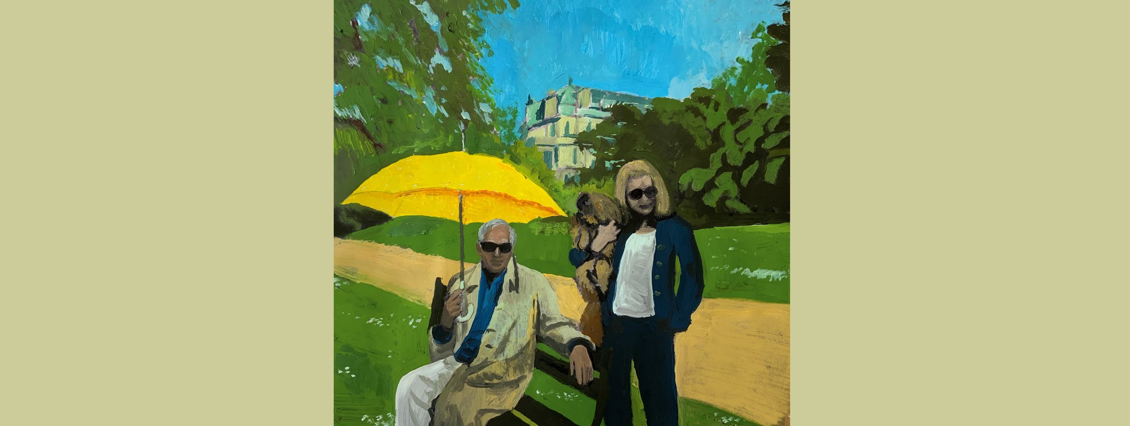 Die Illustration zeigt ein Paar im Park mit einem gelben Schirm