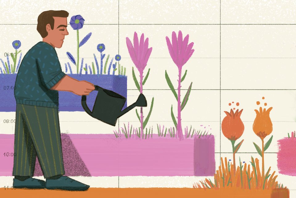 Die Illustration zeigt einen Mann mit einer Gießkanne in der Hand in einem schönen Garten