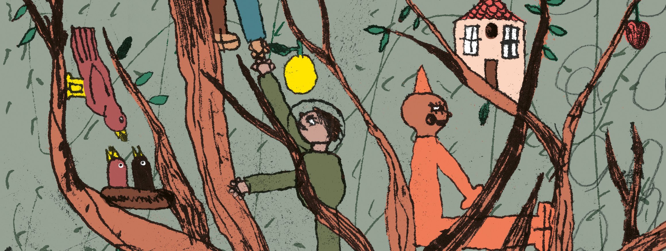 Die Illustration zeigt einen Baum mit einer Leiter daran gelehnt, auf dem Menschen herumklettern