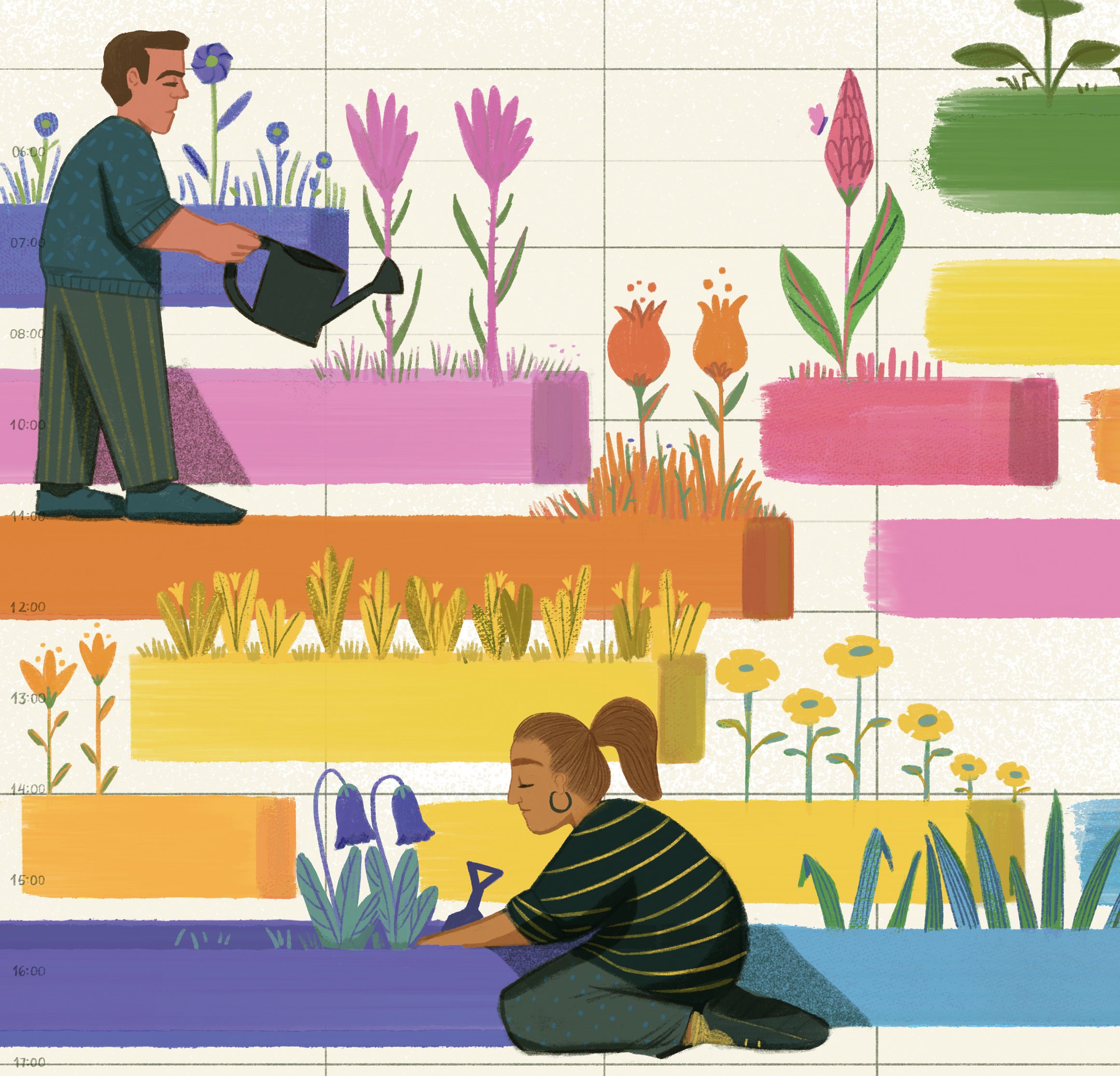 Die Illustration zeigt zwei Personen, die in einem bunten Garten gärtnern.