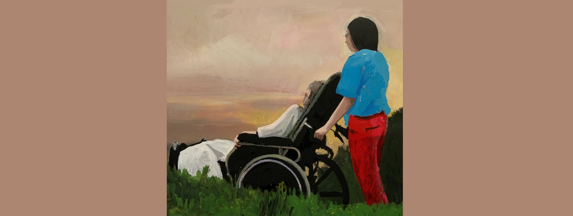 Die Illustration zeigt eine Frau, die eine Person im Rollstuhl schiebt und dabei den Sonnenuntergang betrachten
