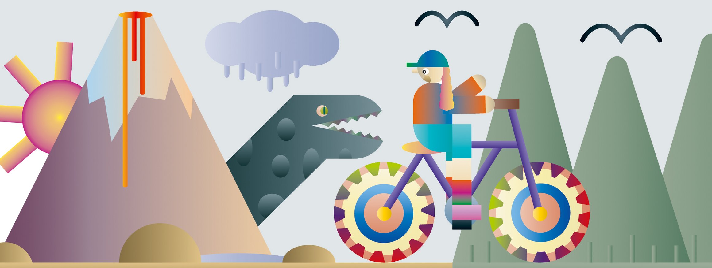 Die Illustration zeigt einen Radfahrer, der erschrickt, weil plötzlich ein Tyrannossaurus Rex hinter ihm auftaucht