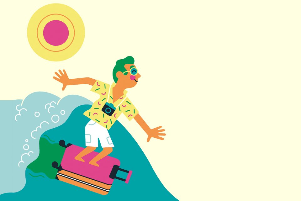 Die Illustration zeigt eine Mann in Sommerkleidung und Fotokamera, der auf einer Welle auf einem Koffer surft bei Sonnenschein
