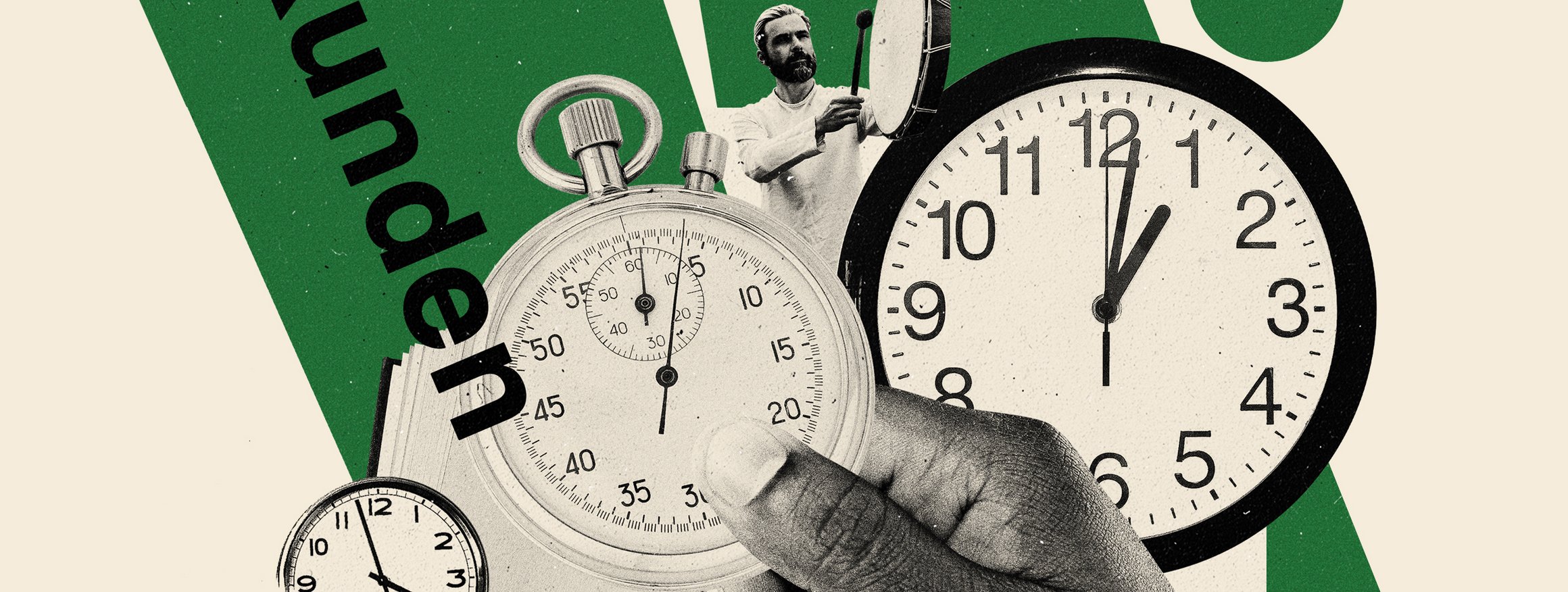 Die Illustration zeigt eine Hand mit einer Stopp-Uhr, daneben andere Uhren mit Sekundenzeigern, dahinter schlägt ein Mann mit altertümlichen Bart ein Schlaginstrument
