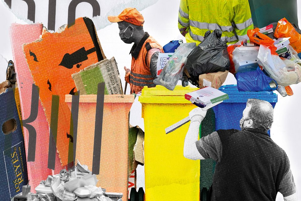Die Illustration zeigt Angestellte eines Wertstoffhofes mit vollen Mülltonnen