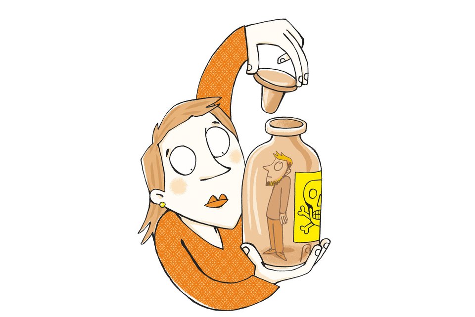 Die Illustration zeigt eine Frau, die eine Glasflasche in er Hand hält und sie verschließt, während darin ist ein Mann zu sehen und auf der Falsche das Gift-Symbol ist