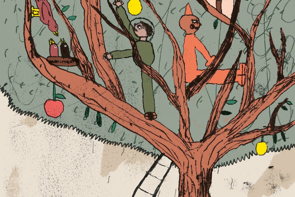 Die Illustration zeigt einen Baum mit einer Leiter daran gelehnt, auf dem Menschen herumklettern