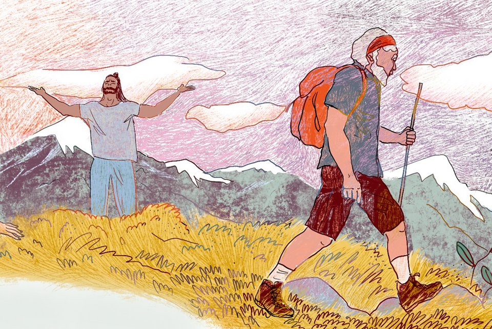 Die Illustration zeigt Wanderer im Gebirge, wobei ein Wanderer dasteht, die Arme von sich streckt und meditiert