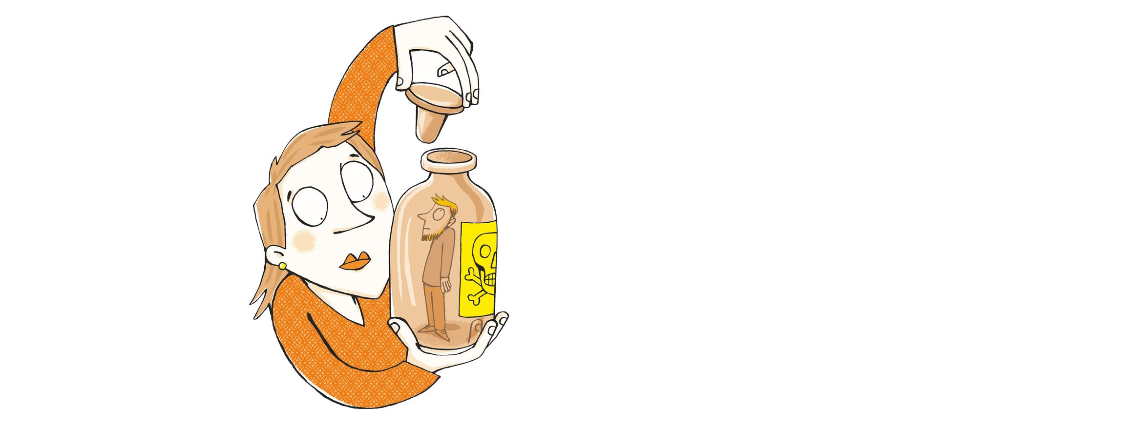 Die Illustration zeigt eine Frau, die eine Glasflasche in er Hand hält und sie verschließt, während darin ist ein Mann zu sehen und auf der Falsche das Gift-Symbol ist